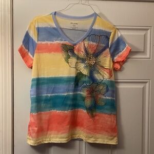 Women’s White Stag Sequins Short Sleeve V Neck Tee Shirt Floral Size XL